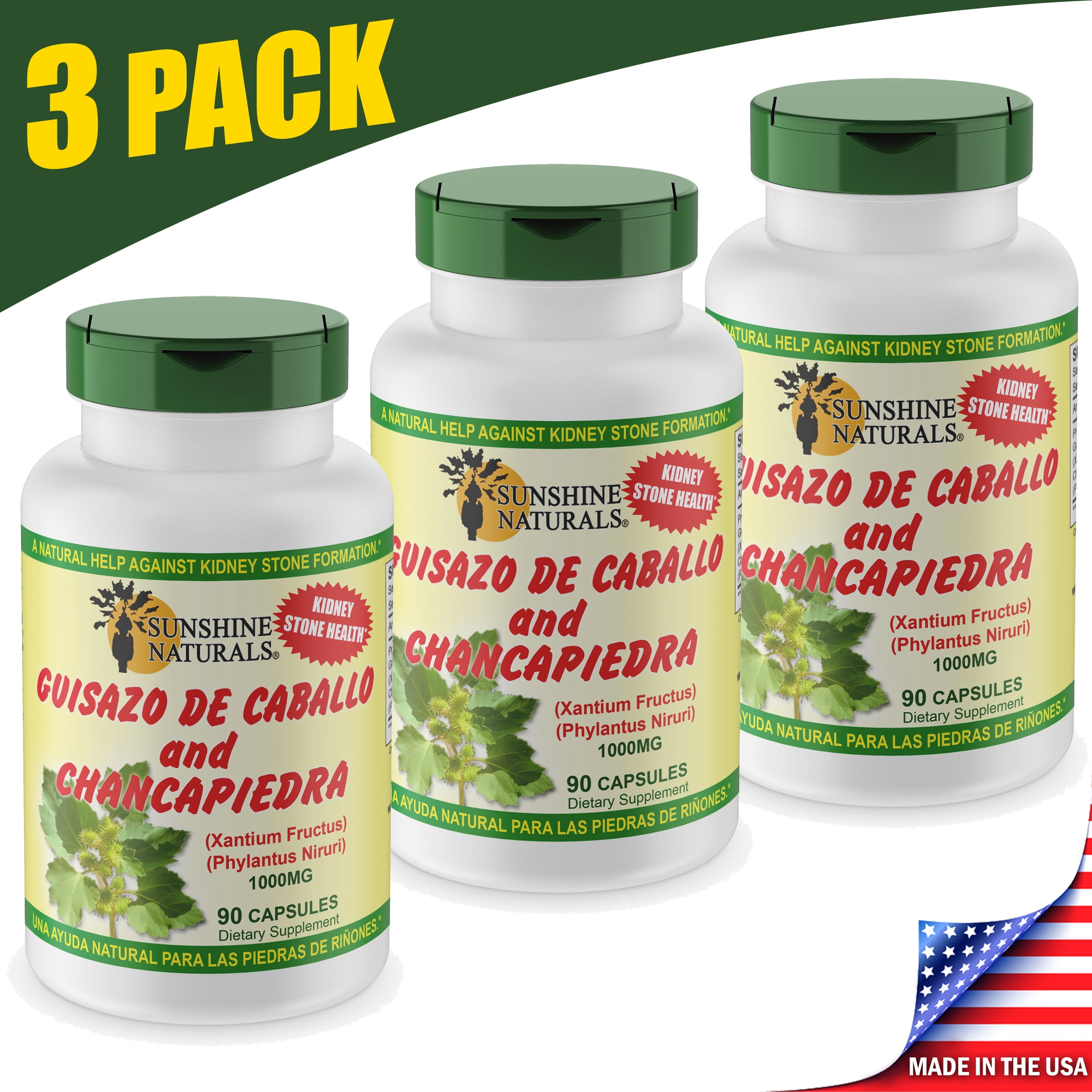 Sunshine Naturals Guisazo de Caballo & Chancapiedra, Kidney Stone Breaker, Dietary Supplement, 3 Pack, 90 Capsules per Bottle