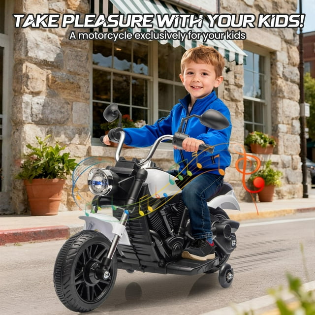 Yiwa 12V Electric Ride On Motorcycle for Kids, 3-Wheel Toddler Bike with Training Wheels, One-Button Start, Reverse, Headlight, Horn, Music