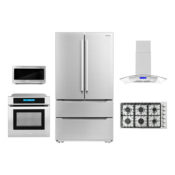 Cosmo 5 Piece Kitchen Package With 36" Gas Cooktop 30" Single Electric Wall Oven 24" Countertop Microwave Drawer French Door Refrigerator & 24" Built-in Fully Integrated Dishwasher