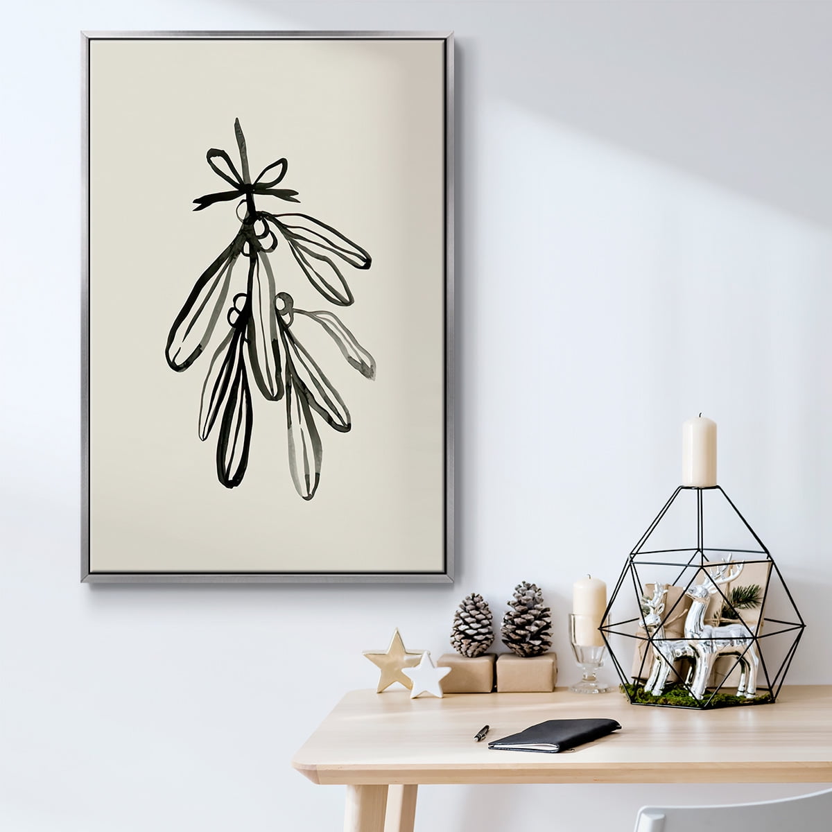 Mistletoe Sketch with Bows I - Framed Gallery Wrapped Holiday Canvas - 25 x 37 - Silver Frame