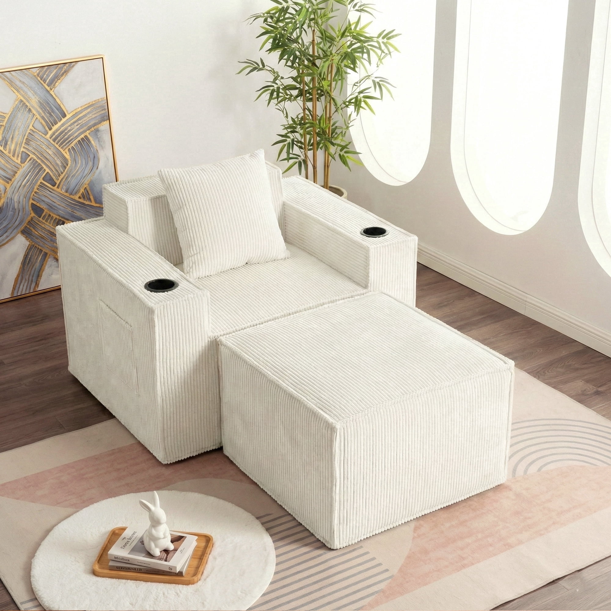 41.5" Boneless Chair, Chaise Lounge Chair, Cloud Chair with Foldable Ottoman for Living Room, 2 Cup Holders, 2 Storage Pockets, No Assembly Required, White