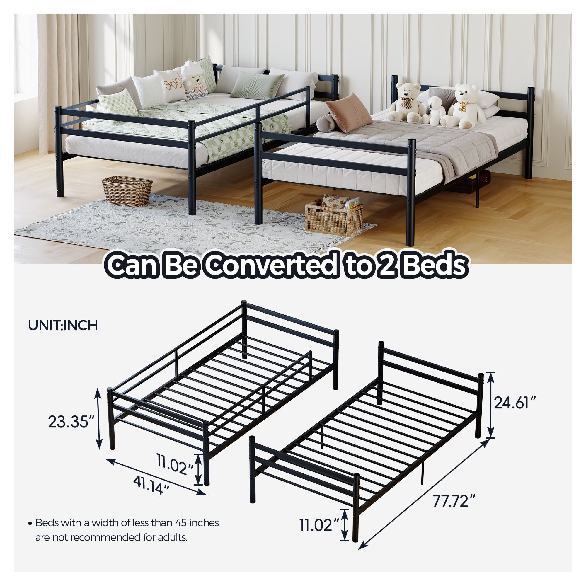 MAYEERTY Twin Over Twin Metal Bunk Bed with Ladder and High Guardrail, Supports 330 lbs, Space-Saving Storage for Kids Teens Adults, No Box Spring Needed