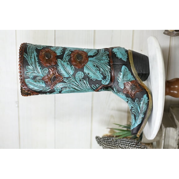 Turquoise Maroon Floral Scroll Lace Damask Cowboy Boot Vase Planter Figurine 12"