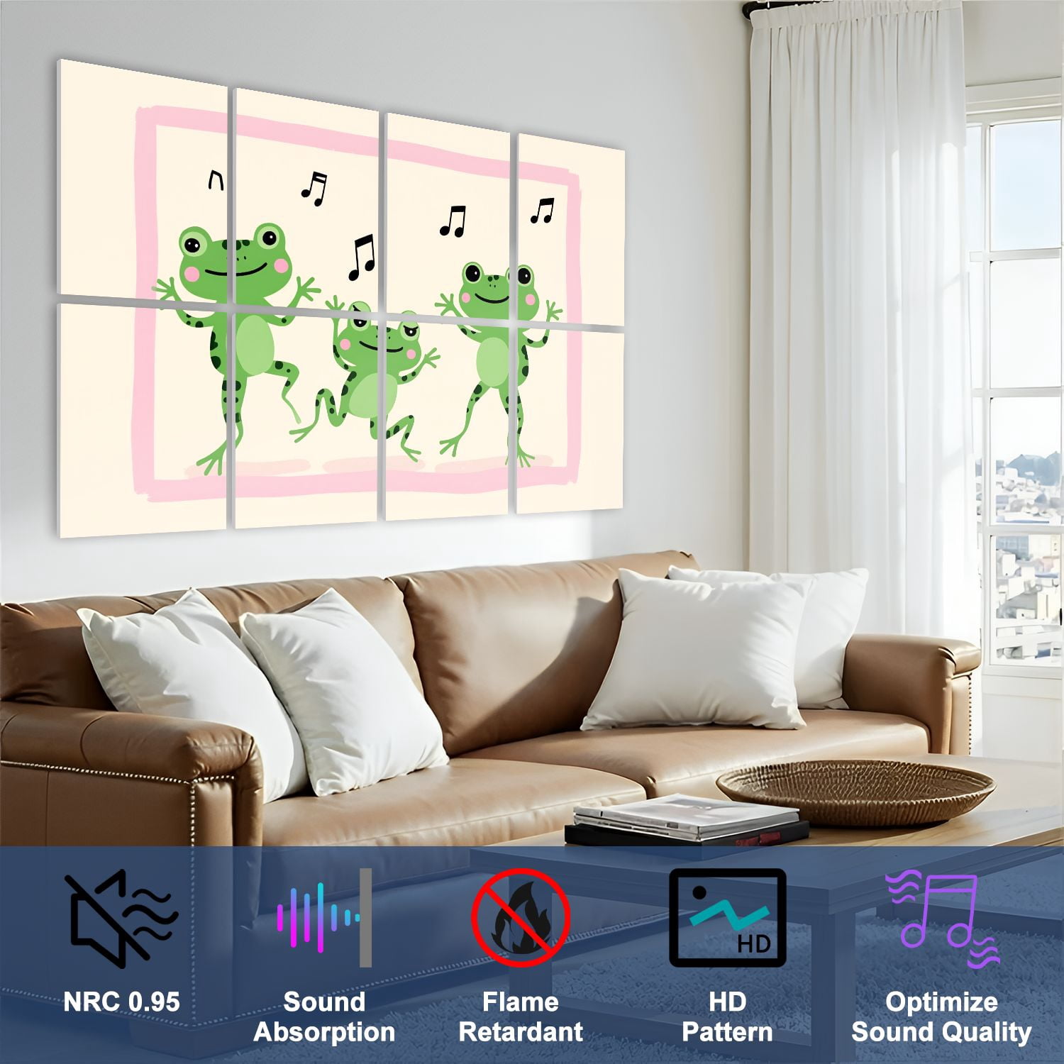 8 Pack Art Acoustic Panels Sound Absorbing Playful Frogs Dancing Musical Decorative Soundproof Wall Panels Self Adhesive for Nursery Game Room Bedroom 48"x32"