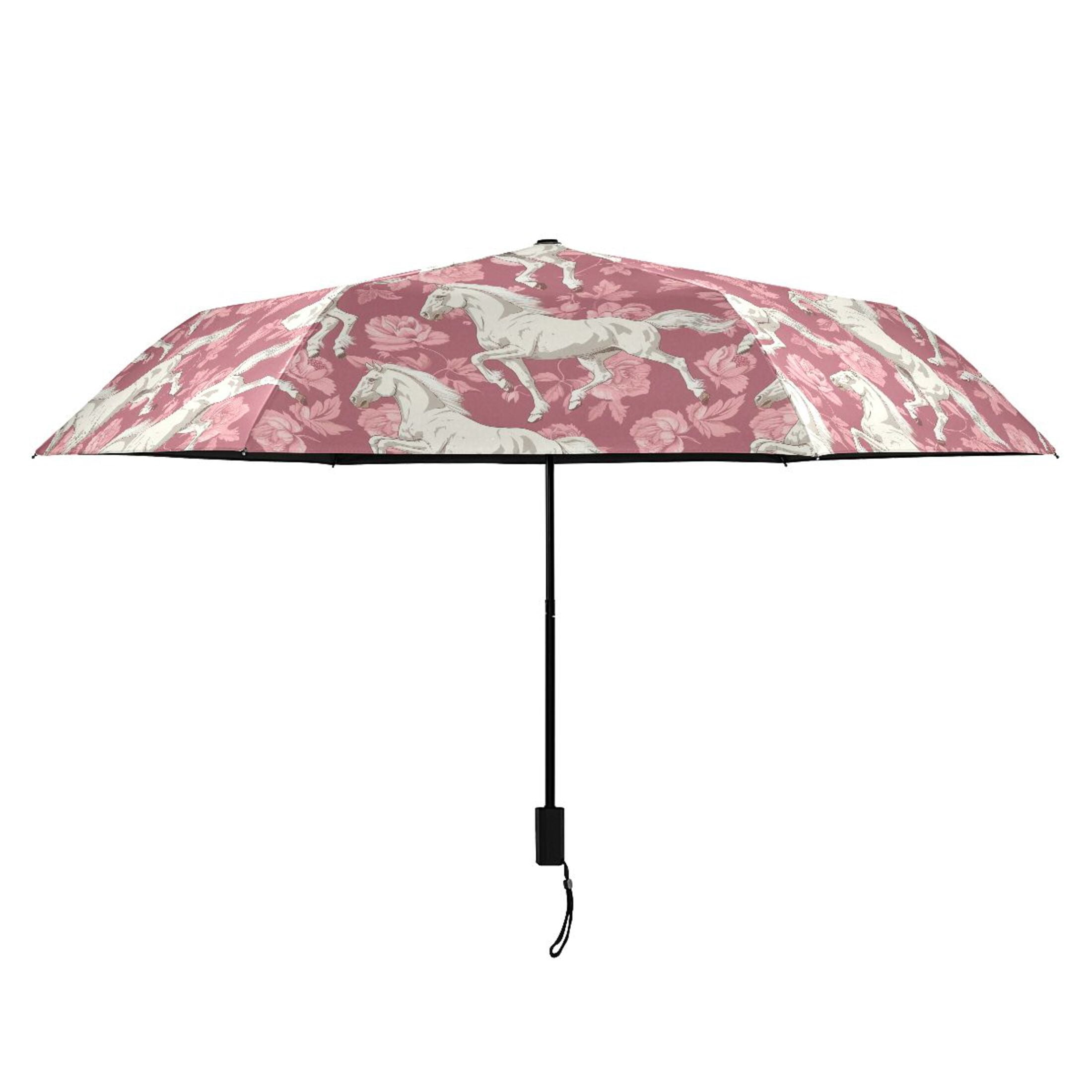 White Horse and Peonies Compact Sun Umbrella Windproof Travel Umbrellas for Rain Strong Portable UV Protection