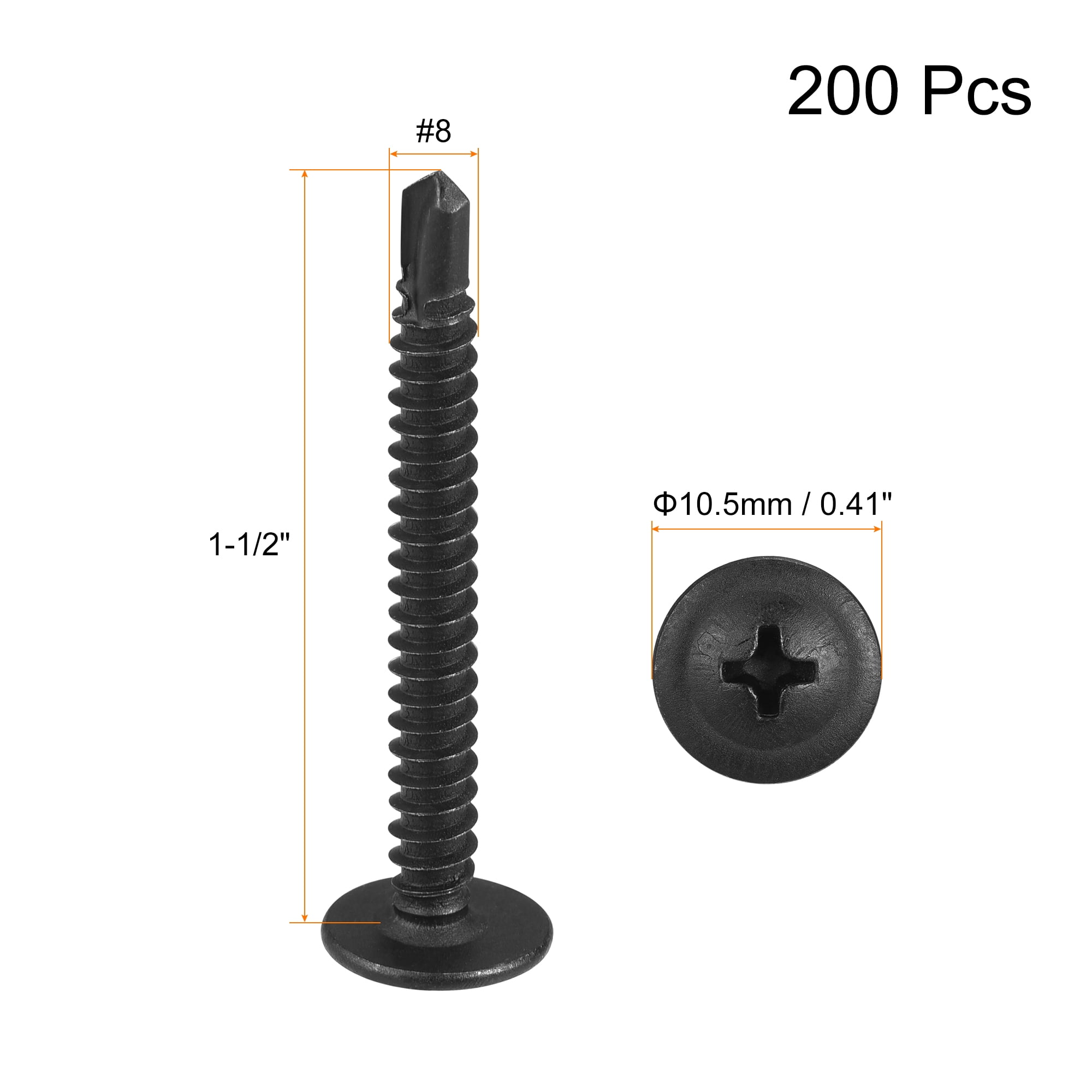 Uxcell #8 x 1-1/2" Carbon Steel Phillips Head Self Tapping Screws Black 200 Pack