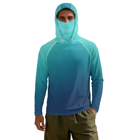 Bulopur Men’s Fishing Sun Hoodie with Mask, UPF 50 UV Protection Long Sleeve Shirt, Lightweight Quick Dry Top with Teal to Navy Gradient Print for Boating, Hiking and Travel