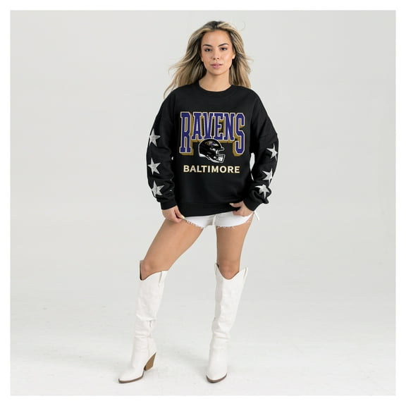 Women's Gameday Couture Black Baltimore Ravens Pure Victory Rhinestud Star-Sleeve Pullover Sweatshirt