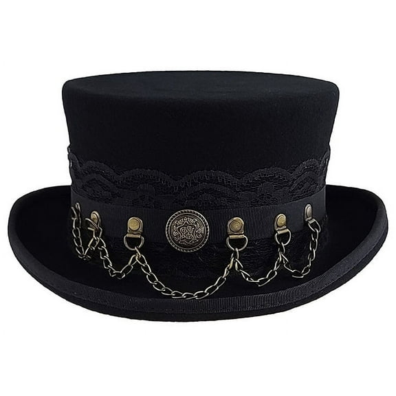Different Touch 100% Wool Felt Top Hat Western Steampunk with Leather Band and Chain