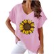thumbnail image 1 of Camiseta de Manga Corta con Cuello en V con Impresión de Girasol, Algodón Casual Y Top de Cáñamo, 1 of 4