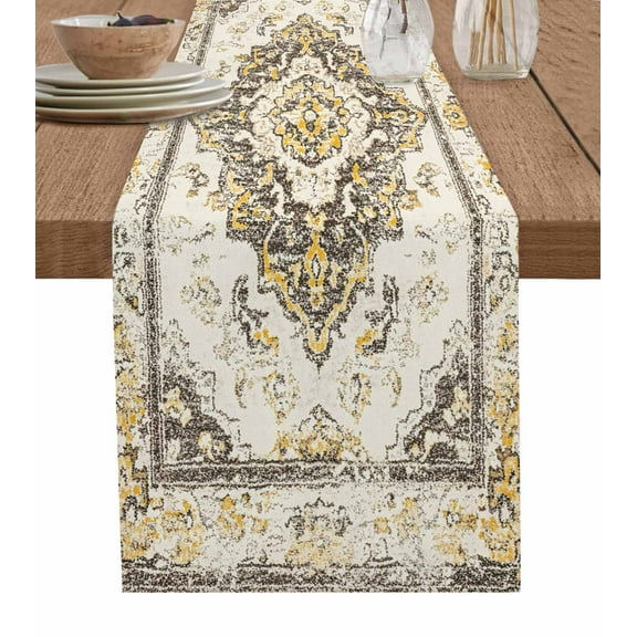 Beige Vintage Boho Burlap Cotton Table Runner 13x108 Inches Long, Ethnic Tribal Geometric Abstract Farmhouse Table Runners, Outdoor Dining Tablecloths Decor for Baby Shower/Party/Wedding