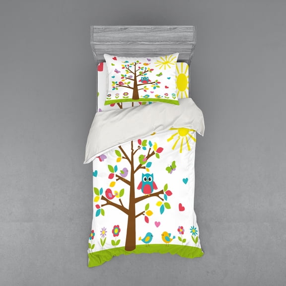 Ambesonne Cartoon Bedding Set 3 Pcs, Colorful Tree Owl, Twin, Multicolor