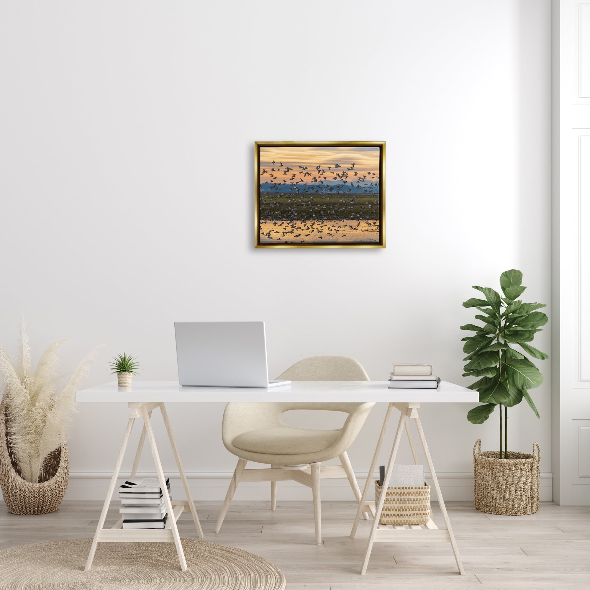 Stupell Industries Flock of Birds Flying Lake Reflection Orange Sunset Painting Metallic Gold Floating Framed Canvas Print Wall Art, Design by Nancy Crowell