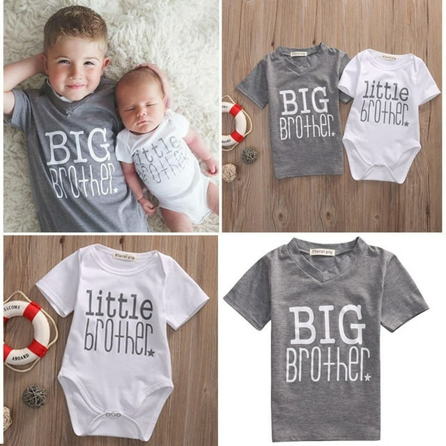 Summer Tops Matching Gray Big Brother T-shirt Tee / White Little Brother Romper