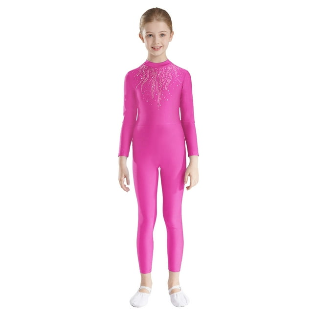 Kaerm Body de Danse pour Filles avec Strass Manches Longues Unitard Extensible Rose Vif 8