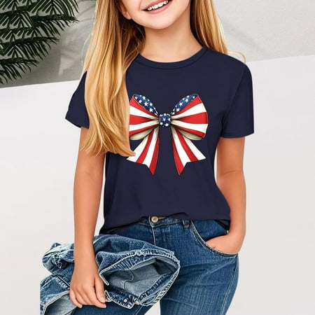 BLTIBY 2025 Girls Boys Short Sleeve Top Child Kids Summer Independence Day Printed Round Neck Shirts Toddler Infant Casual Fashion Loose Pullover Blouse Navy 12-13 Years