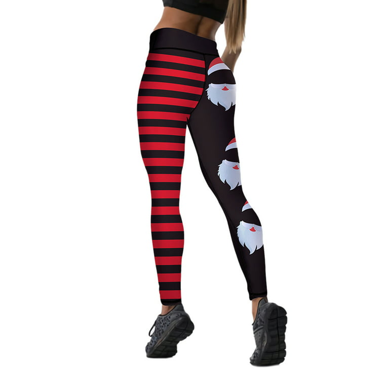 Women Ugly Christmas Leggings High Waist Striped Santa Claus Print  Patchwork Tight Pants Holiday Outfits Xmas Trousers XS-XL 