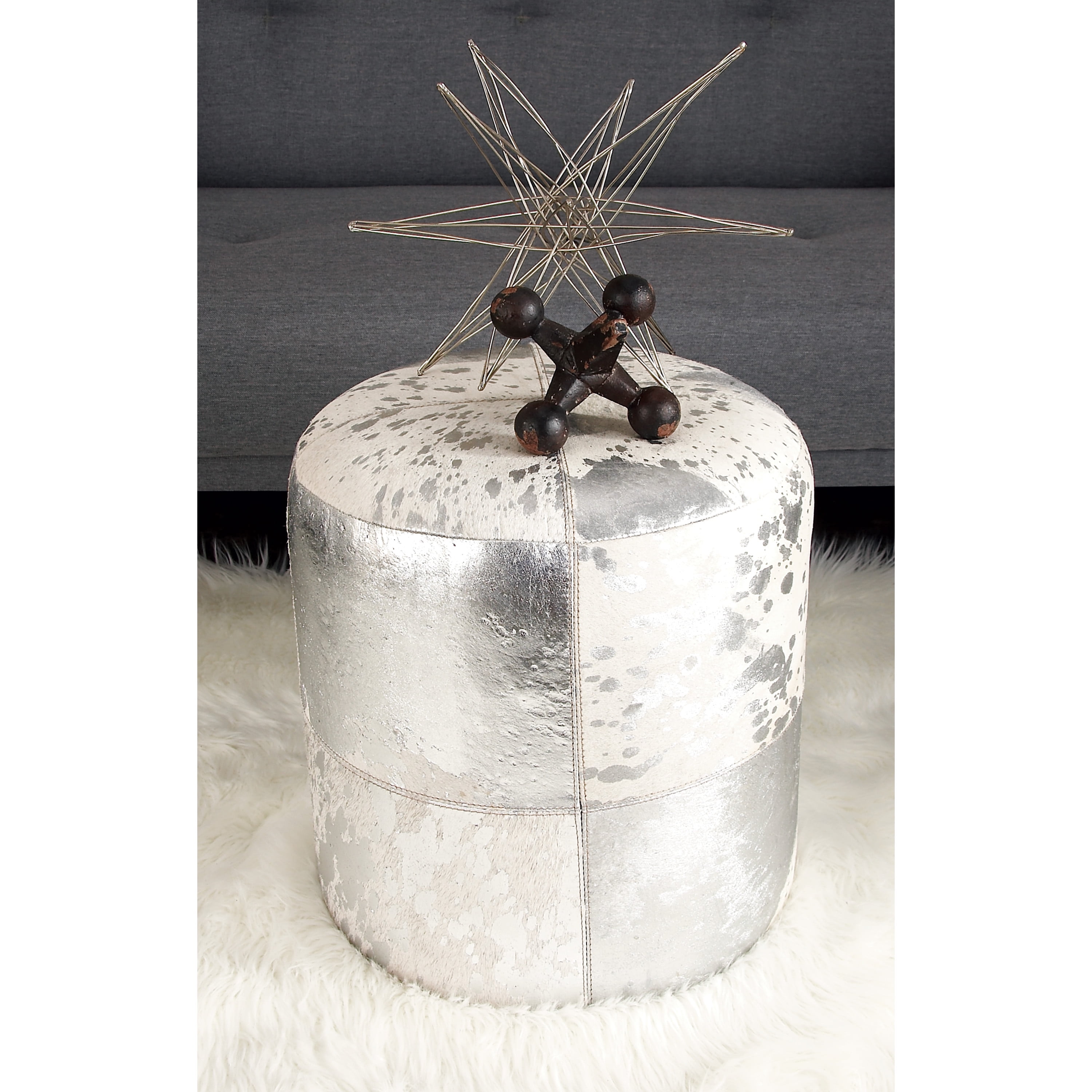 Decmode 16" x 17" Silver Leather Handmade Ottoman with Silver Foil Paint, 1-Piece