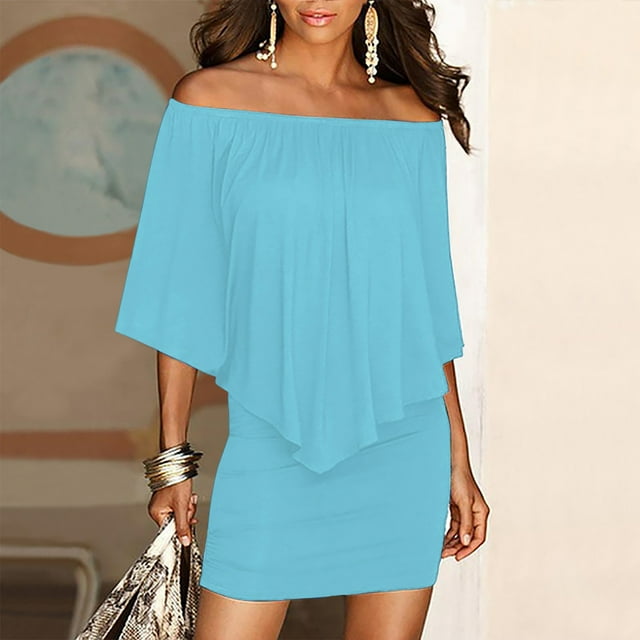 LOVZFMLL Mode Femmes Décontracté Uni Manches Courtes une Épaule Fesses Robe Mini Bleu Ciel 2TG