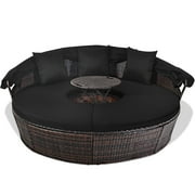 Patiojoy Patio Rattan Daybed Round Cushioned Sofa Adjustable Table Top Canopy
