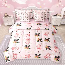 Feelyou Pink Candy Cane Twin Bedding Sets 7-Piece for Girl, Kawaii Princess Ribbon Bedding Comforter Set, Christmas Flower Reversible Sheet Sets, Lightweight Room Decor
