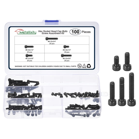 Hex Socket Head Screws Kit (#6-32) 100Pcs, Carbon Steel Allen Socket Drive