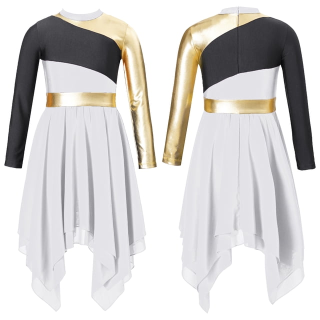 Oyolan Robe de Danse de Louange pour Filles Enfants, Robe de Culte Liturgique, Tenue de Danse Lyrique Métallique, Robe de Chorale à Manches Longues, Blanc 6
