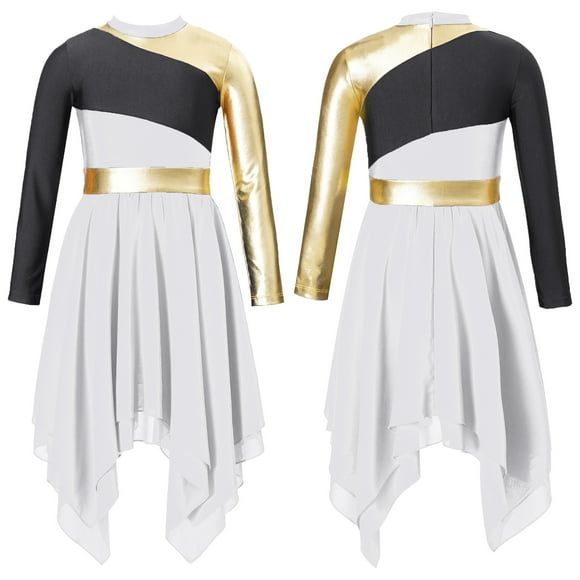 Oyolan Robe de Danse de Louange pour Filles Enfants, Robe de Culte Liturgique, Tenue de Danse Lyrique Métallique, Robe de Chorale à Manches Longues, Blanc 6