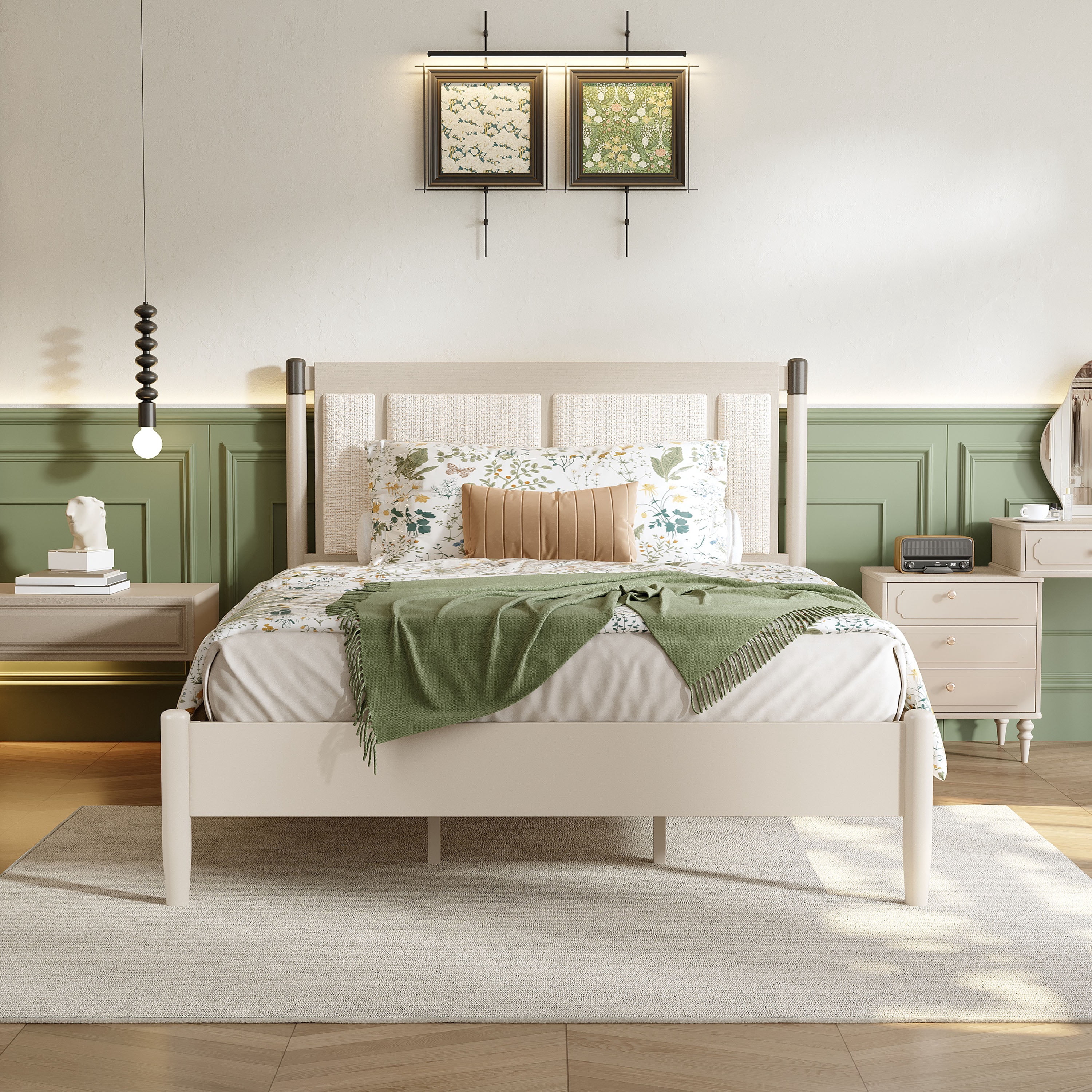 Queen Bed Frame 81 Inch, Solid Wood Platform Bed with Upholstered Headboard and Metal Handles, Heavy Duty Bed Frame with 500 lbs Support, Grey