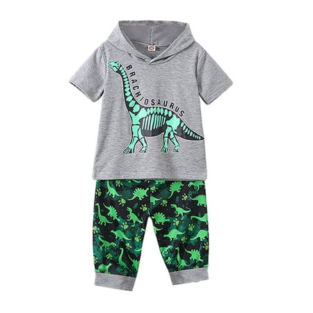 

Suanret Kids Boys 2Pcs Outfits Dinosaur Print Short Sleeve Hooded Letter Tops + Loose Short Pants Beachwear Gray Green 4-5 Years