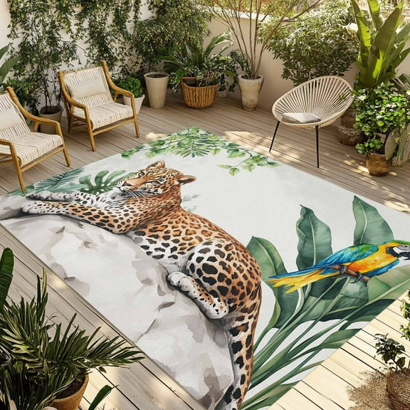 Fsddascl Tropical Leopard Parrot Outdoor Rug for Patio/Deck/Porch, Non-Slip Large Area Rug 5 x 8 Ft, Watercolor Summer Palm Leaf Indoor Outdoor Rugs Washable Area Rugs, Reversible Camping Rug Carpet