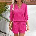 thumbnail image 2 of vigerkar Women's Cotton Linen Set Casual Tracksuit Button Up Long Sleeve Shirt Drawstring Shorts Beach 2 Piece Summer Outfits Hot Pink, M, 2 of 7