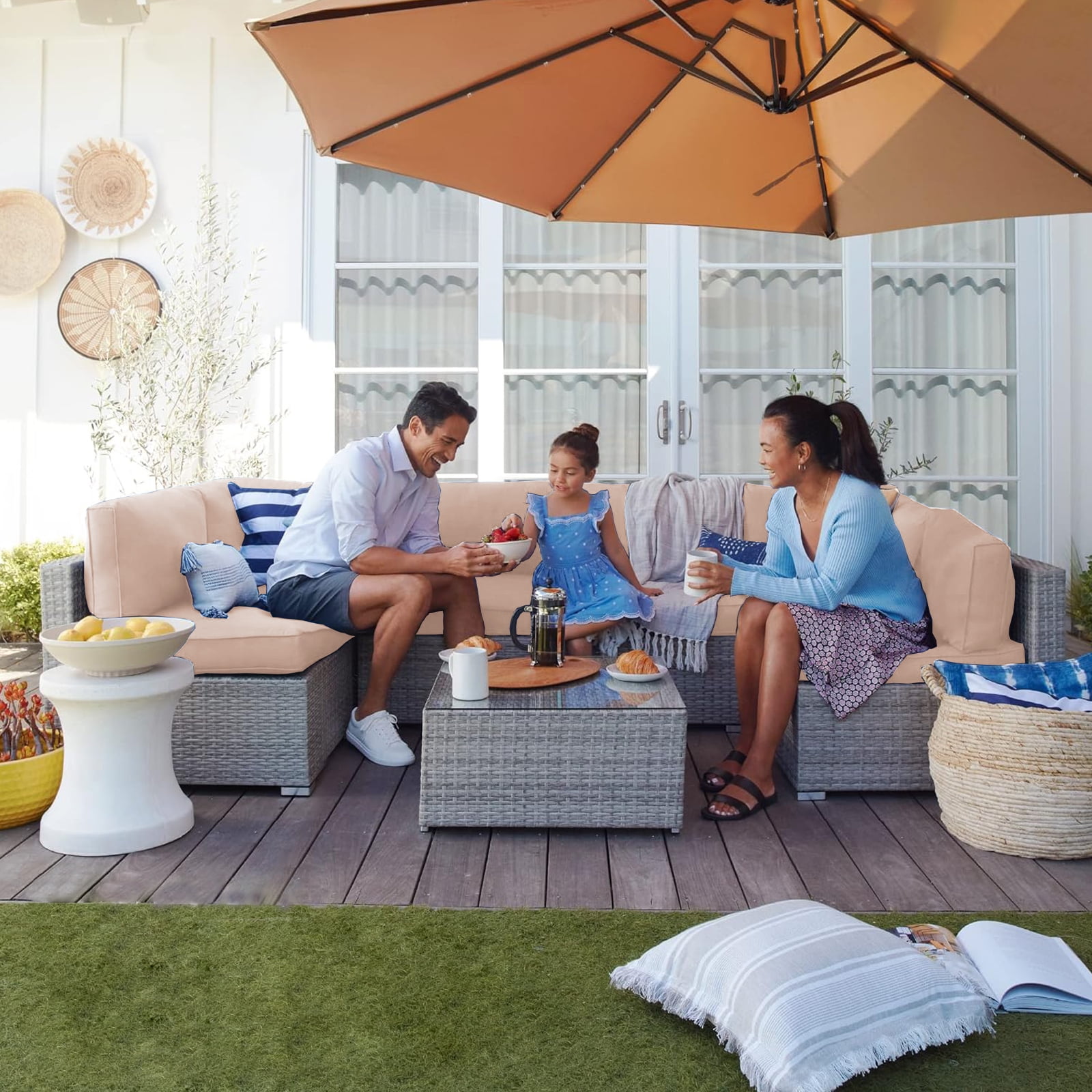PUKNLY Outdoor Furniture Replacement Cushions, Fits 6-seat Sectional Rattan Conversation Set, 14 Piece Patio Water-Resistant Replacement Sofa Cushions, Liner&Cover（Beige）
