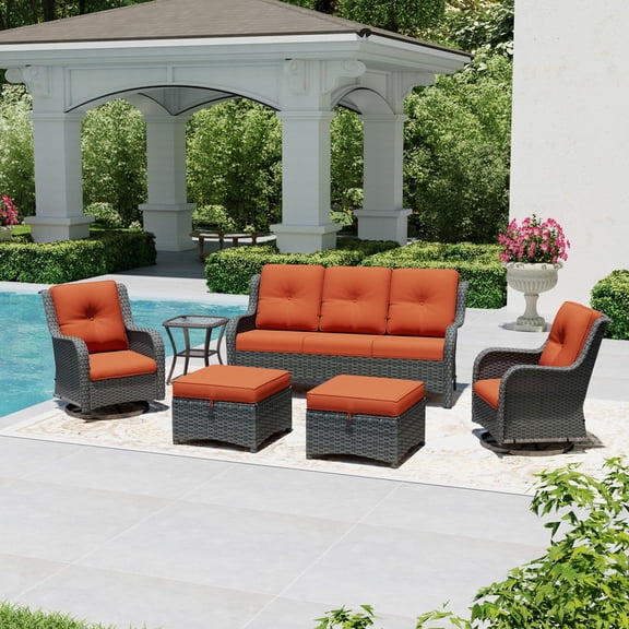 Joyside 6 Piece Wicker Patio Set with 3-Seat Sofa, 2 Swivel Rocker Chairs, 2 Ottomans & Side Table, Outdoor Furniture Sectional Conversation Set for Deck Porch, Orange