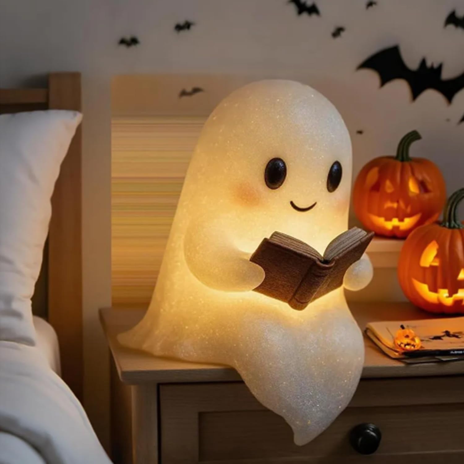 Cute Ghost Reading Book Lamp Halloween Gifts Light Up Ghost Statue Night Light Ghost Warm Lighted Indoor Figurine House Mantel Decor for Home Party Bedroom Shelf Table (6 inch)