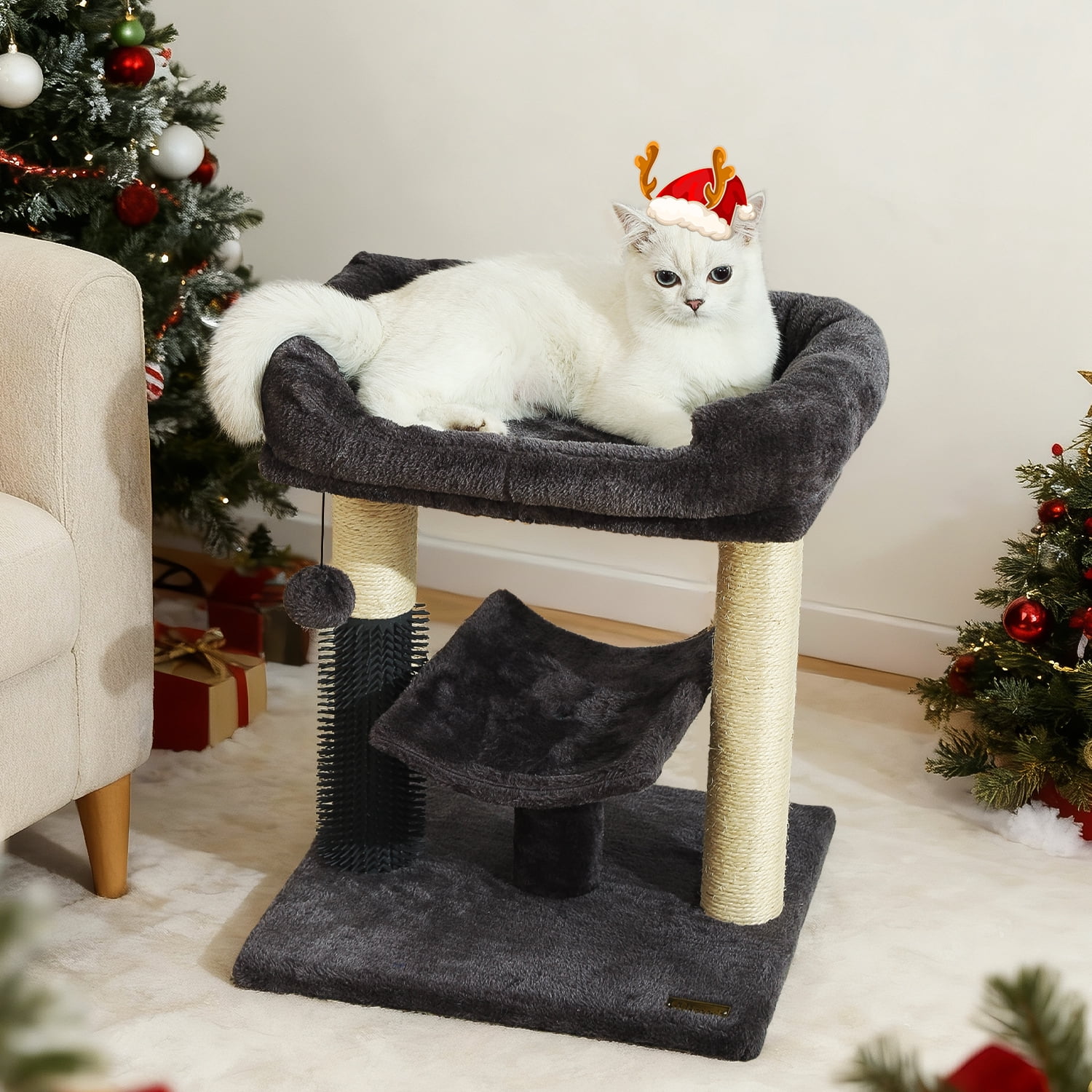 Hoopet 20" Cat Tree Tower, Scratching Post for Indoor Cats with Cozy Perch, Self Groomer & Interactive Ball,Smoky Grey