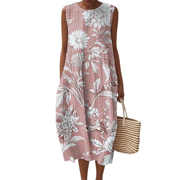 Puliio Summer Dresses for Women Sleeveless Round Neck Floral Print Loose Midi Casual Dress