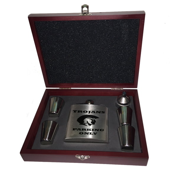 KuzmarK 6 oz. Stainless Steel Flask Set in Rose Wood Presentation Box -  Trojans Parking Only
