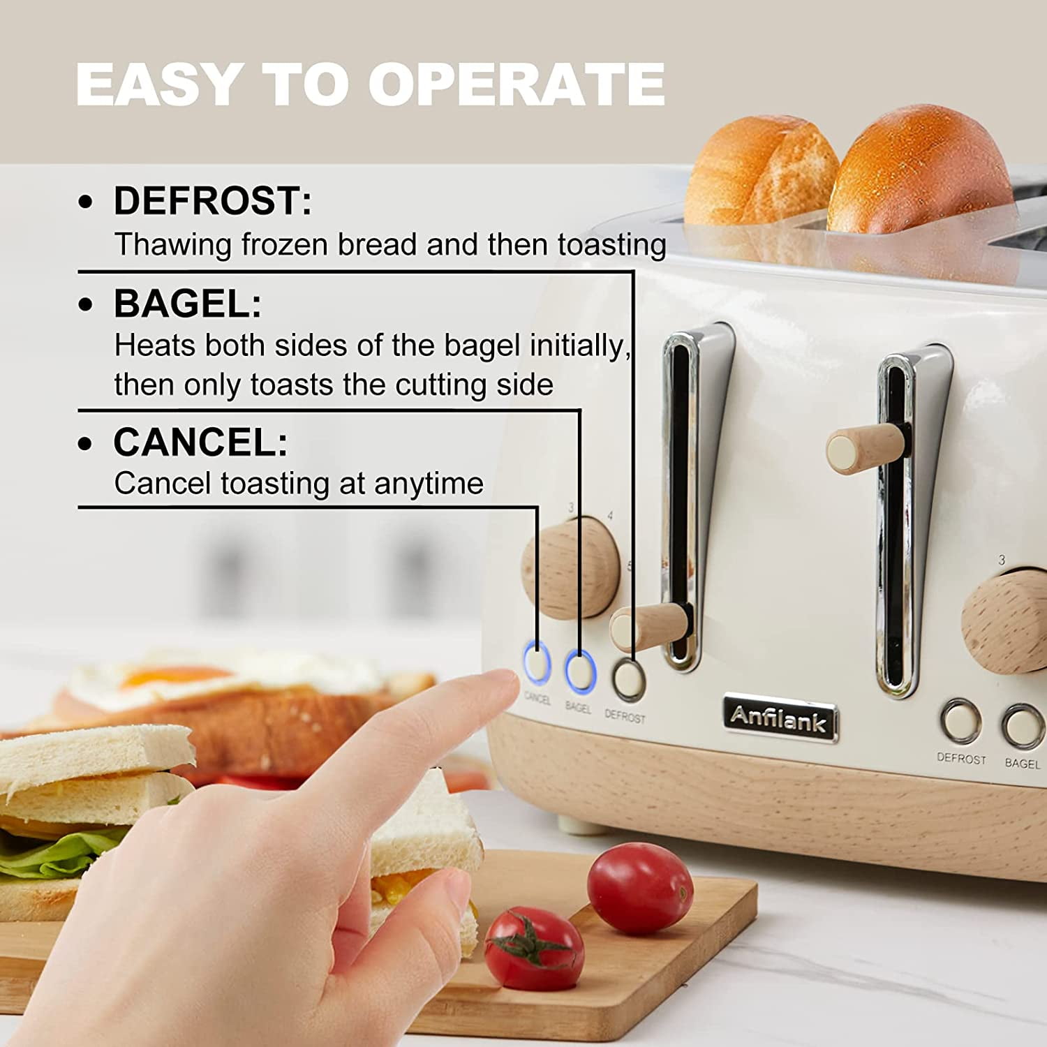 Toaster 4 Slice, Extra Wide Slots, Stainless Steel with High Lift Lever,  Bagel and Muffin Function, Removal Crumb Tray, 7-Shade Settings with  Warming Rack, Cream, MINYIKJ 