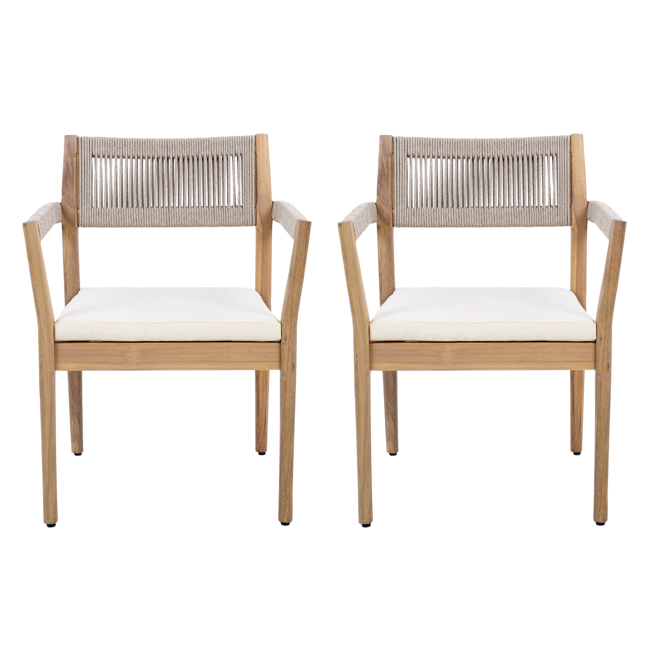 Christopher Knight Home Wood Outdoor Dining Chair with Cushion, Woven Rope Design, Teak+Cream, Set of 2