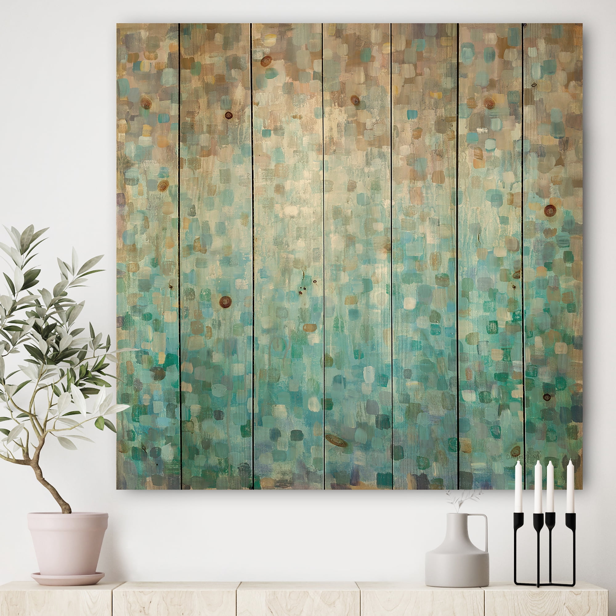 Designart 'Abstract Blue Blocked' Nautical & Coastal Print on Natural Pine Wood