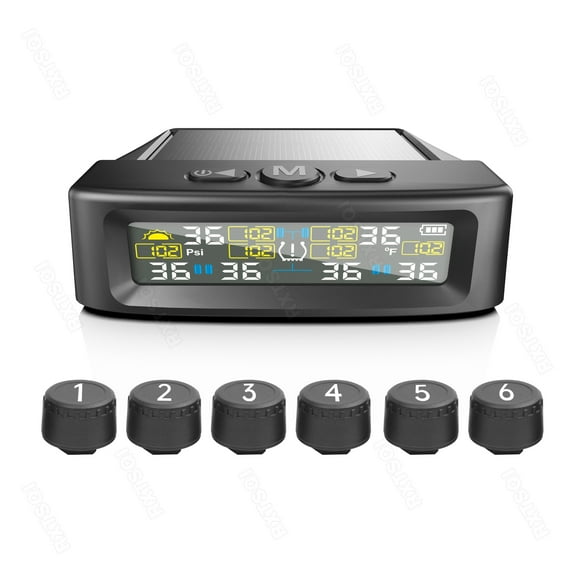 RXTSQI TPMS with 6 Sensors, Multiple Alarms, Solar & USB Charging for Car 0-144PSI