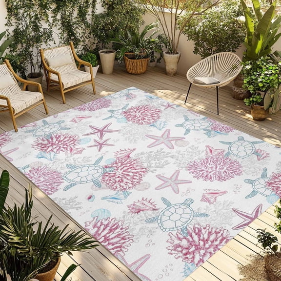 Pink Blue Coastal Outdoor Rug for Patio/Deck/Porch, Non-Slip Large Area Rug 5 x 7 Ft, Summer Beach Coral Sea Turtle Starfish Indoor Outdoor Rugs Washable Area Rugs, Camping Rug Carpet Runner