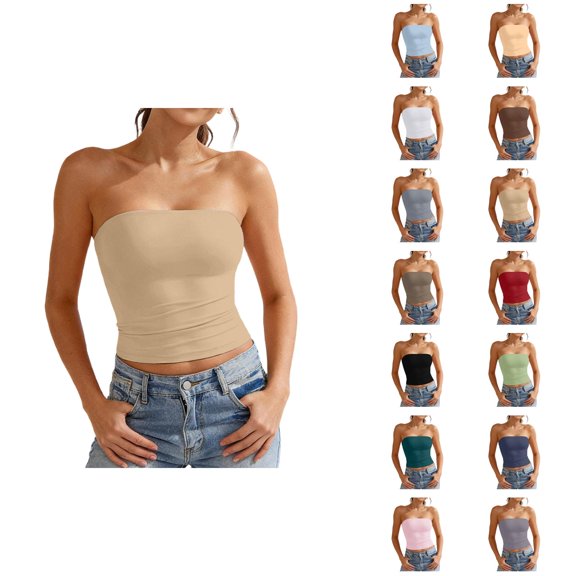 Crop Tube Tops for Women Slim Fit Double Layer Strapless Bandeau Top Y2k Going out Tops Summer Outfits