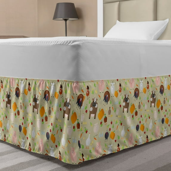 Farmhouse Bed Skirt, Nursery Barnyard Theme Cartoon Farm Animals and Organic Crops Vegetables Pattern, Elastic Bedskirt Dust Ruffle Wrap Around for Bedding Decor, 4 Sizes, Multicolor, by Ambesonne
