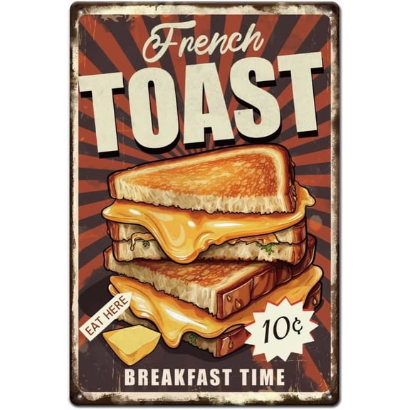 French Toast Tin Sign Breakfast Time Metal Tin Sign Retro Metal Poster Vintage Food Signs