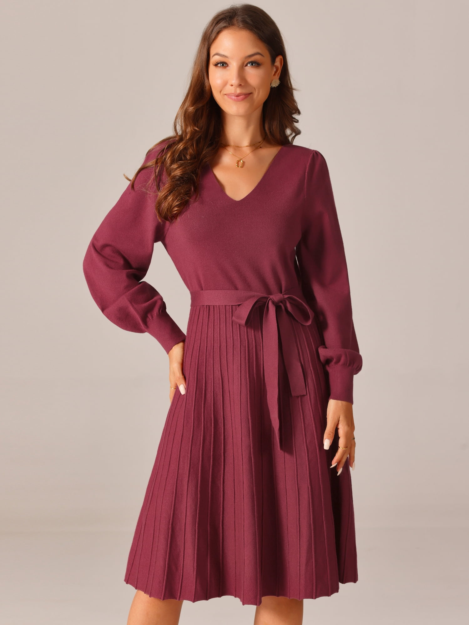DARING DIVA V Neck Long Sleeve Tie Waist Pleated A-Line Midi Dress XL Wine Red