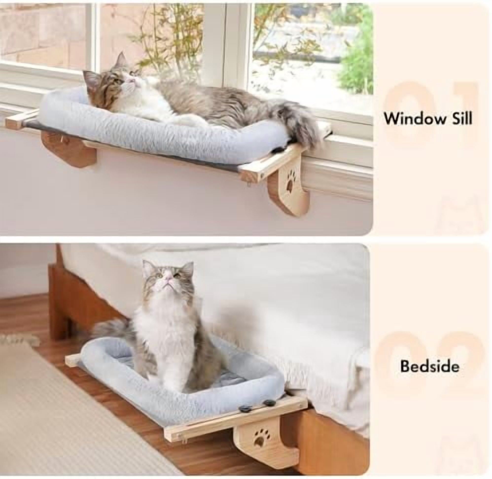 Cat Sill Window Perch Sturdy Hammock Window Seat with Cushion Cover, Wood & Metal Frame for Large Cats, Easy to Adjust Cat Bed for Windowsill, Bedside, Drawer and Cabinet (L)