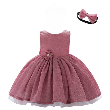 

Odeerbi Girls Birthday Party Dresses Toddler Net Yarn Embroidery Rhinestone Bowknot Sequins Gown Long Dresses Headband Suit Pink