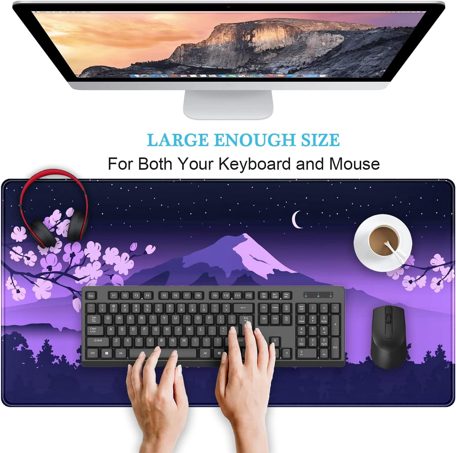 Purple Desk Mat Japanese Desk Pad Cute Fuji Mountain Gaming Mousepad Large, Cherry Blossom Mouse Pad XXL Desk Mats, Kawaii Anime Deskmats Desktop Protector Laptop Keyboard Mat Pad 31.5x15.75 in